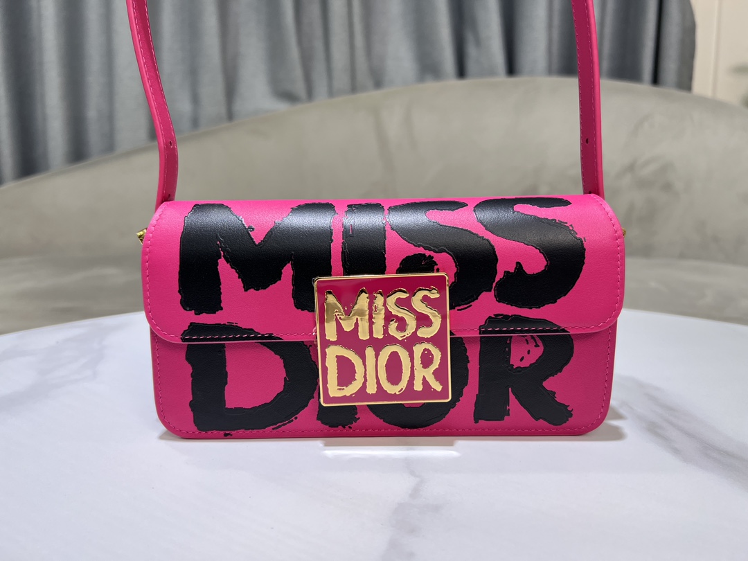 Miss Dior Flap Bag Rose Red and Black Miss Dior Graffiti Printed Calfskin